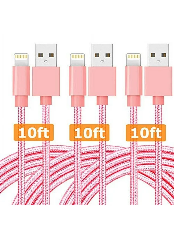 Chargers 3Pack 10 Feet Extra Long Nylon Braided Fast Charging USB Power Charge & Sync Cable Cord Compatible with XR XS MAX X 8 8Plus 7 7 Plus 6S 6S Plus 6 Plus 5 SE & More - PINK