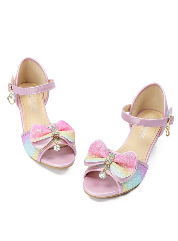 ADAMUMU Girls Princess Glitter High Heel Sandals Sweet Bow Dress Up Shoes Colorful Crystal Open Toe Shoes for Wedding Party Wedding Rainbow Size 3 Big Kid