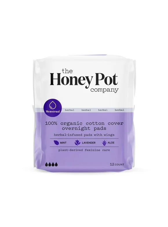 The Honey Pot Company, Herbal Overnight Pads with Wings, Organic Cotton Cover, 12 ct.