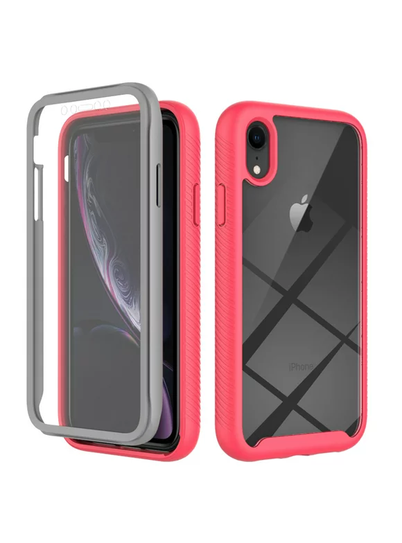 iPhone XR Case with Built in Screen Protector,Dteck Full-Body Shockproof Rubber Hybrid Protection Crystal Clear PC Back Protective Phone Case Cover for Apple iPhone XR,Pink