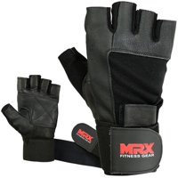 MRX Weight Lifting Gloves Leather  Workout Glove with Long Wrist Strap Black