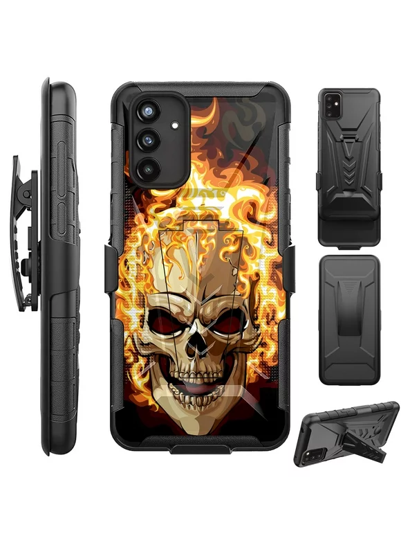 Compatible with Samsung Galaxy A03s Hybrid Luxguard Holster Phone Case Cover (Flaming Skull Fire)