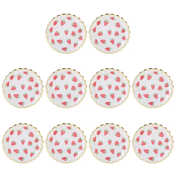 10pcs Wavy Golden-edged Paper Plates Disposable Round Cake Plate Tableware Party Supplies for Birthday (9inch) (Strawberry)