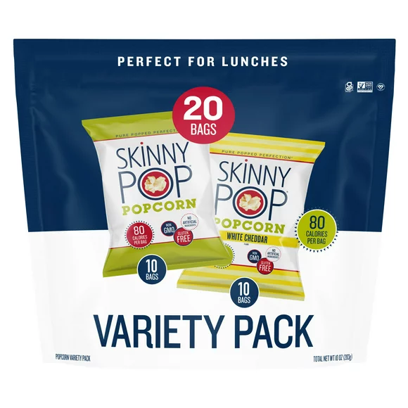 SkinnyPop Gluten-Free Original and White Cheddar Popcorn Variety Pack, 0.5 oz, 20 Count