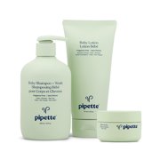Pipette Moisturizing Baby Bath Set with Plant-Based Squalane, includes Baby Lotion, Shampoo & Wash, Balm and Knit Beanie, 4 Piece Set