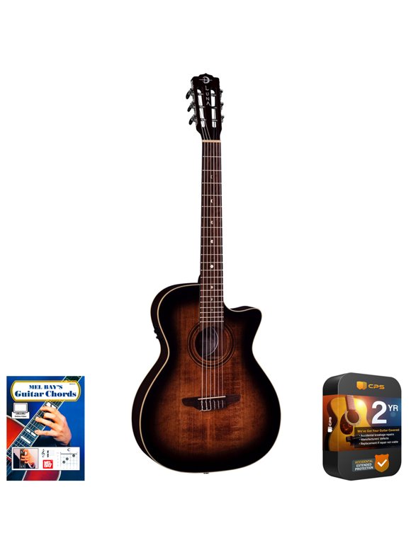 Luna ART V NYL E Art Vintage Nylon Solid Top Acoustic-Electric Guitar, Right Handed, Brownburst Bundle with Guitar Chord Book with Online Video Instruction and Premium 2 Year Extended Protection Plan