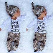 3pcs Outfit Set Newborn Infant Baby Girl Boy Romper+Cowboy Long Pants Hat Clothes 0-18 Months