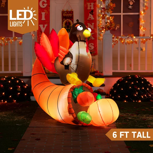 5 Feet Thanksgiving Inflatable Turkey on Cornucopia; LED Light Up Blow Up Turkey for Autumn Thanksgiving Decorations