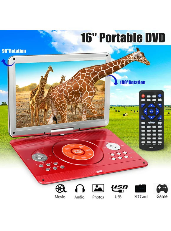16 inch (Screen is 14") Rotating Screen Portable DVD & Media Player with Remote Control, SD Card Slot and USB Port, Dual Speaker For Gift