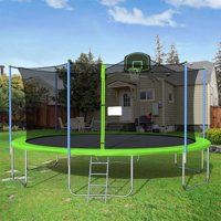 Kids Trampoline with Enclosure Net, BTMWAY 16FT Outdoor Enclosed Trampoline, Kids Recreation Rebounder Trampoline w/Basketball Hoop, Outdoor Trampoline for Backyard, 330lbs Capacity, Green, A2285