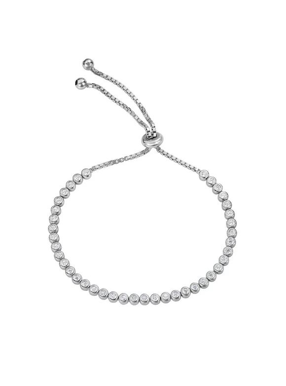 Tilo Jewelry .925 Sterling Silver Bezel Set Tennis Bracelet with Cubic Zirconia CZ Stones | Adjustable Chain | Women, Men, Unisex