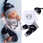 Newborn Baby Boys Clothes Little Man Romper+Deer Leggings Pants+Hat Outfits Set
