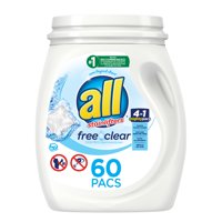all Mighty Pacs Laundry Detergent Pacs, 60 Count, Free Clear for Sensitive Skin, Tub