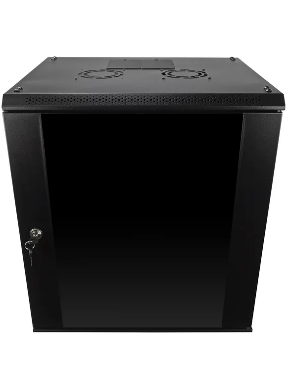 NavePoint 12U Server Rack Enclosure with Glass Door, Cooling Fan, Locks, & Removable Side Panels - 12U Wall Mount Network Cabinet 19 Inch Rack 17.7 Inches Deep