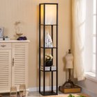 PULUOMIS Shelf Floor Lamp with Linen Shade, Wooden Frame Modern Standing Lamp with 3 Shelves Organizer Decor for Home