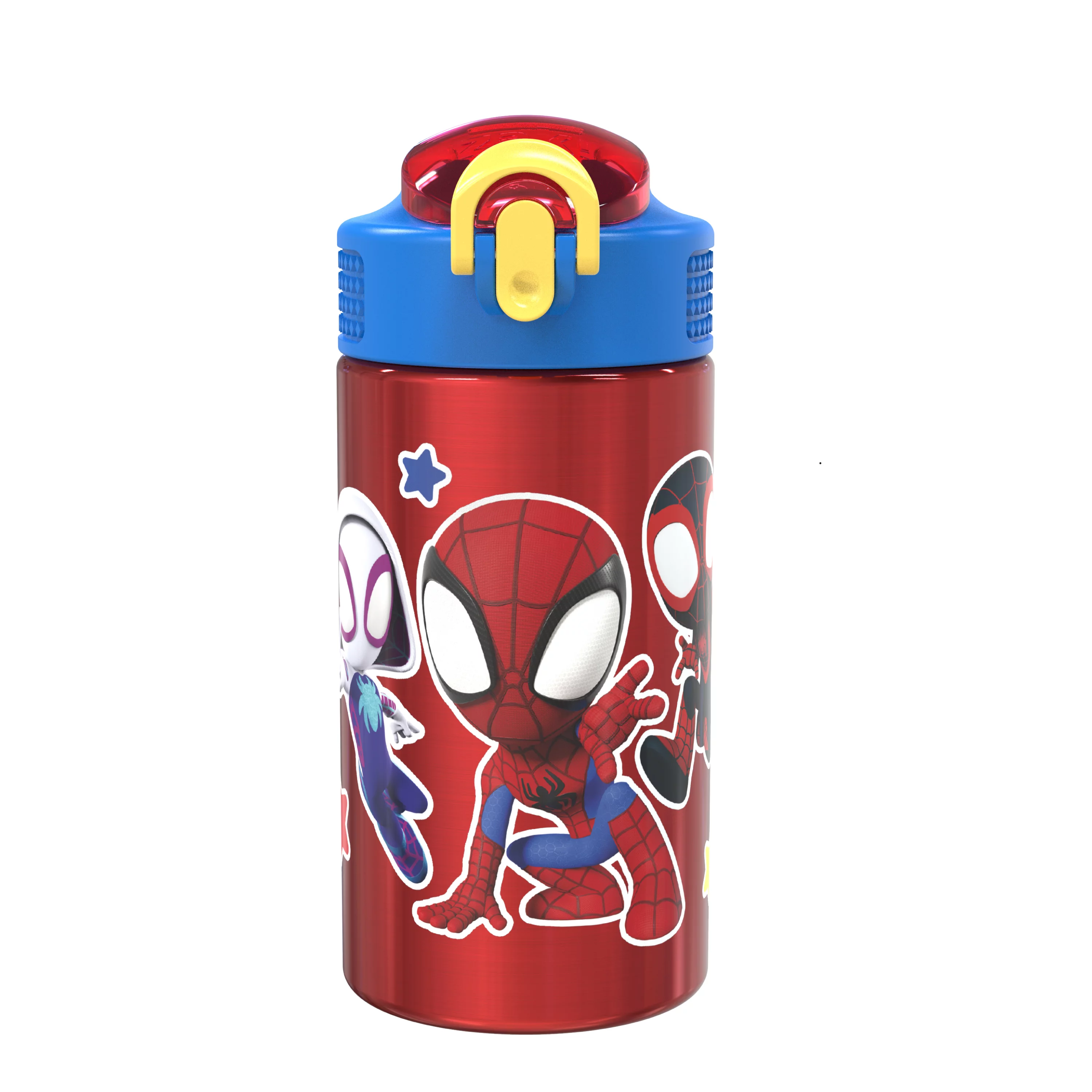 Zak Designs 15.5 oz Kids Water Bottle Stainless Steel with Push-Button Spout and Locking Cover, Marvel Spider-Man
