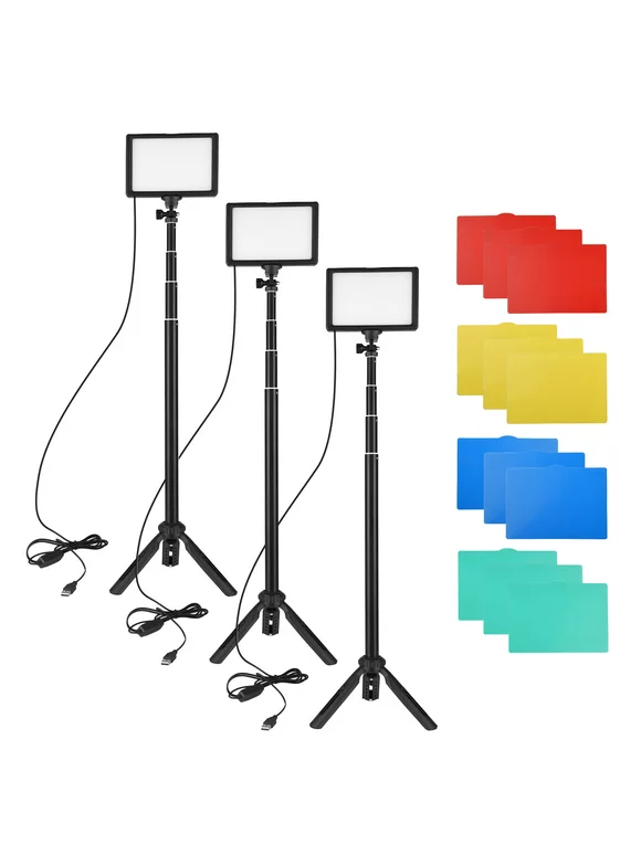 Andoer 3 Pack USB Video Kit Photography 3200K-5500K 120pcs Beads 14-level Dimmable with 148cm58in Adjustable Height Tripod Stand 5pcs White/ Red/ Yellow/ Green/ Blue Filters Triple Cold S