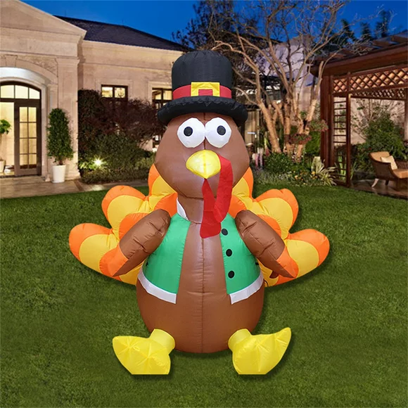 Fridja 3.94ft Tall Happy Thanksgiving Inflatable Turkey with Pilgrim Hat Perfect Thanksgiving Autumn LED Lights Decor Blow up Lighted Yard Lawn Decor Home Family Outside