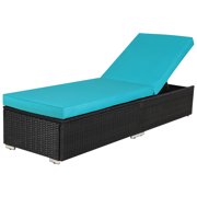 Outdoor Patio Lounge Chair Adjustable Chaise Long Rattan Chair, Wicker Chaise Additional Lounge Chair Patio Furniture, Black Wicker Blue Cushions