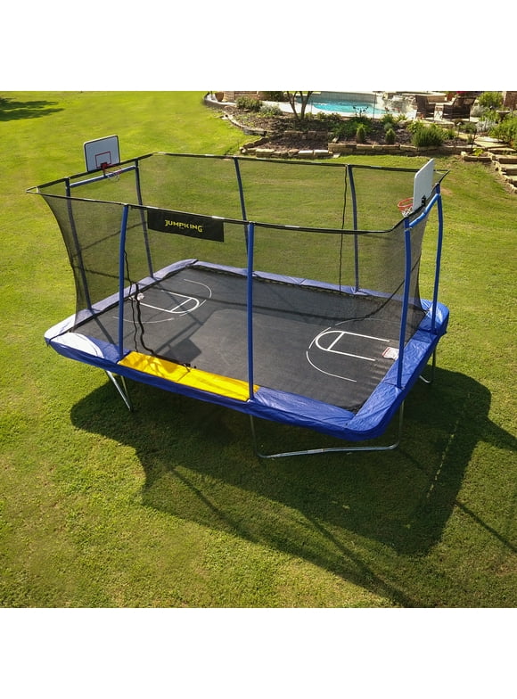 Jumpking 10' x 15' Rectangle Kids/Adult Trampoline w/ 2 Basketball Hoops, Court Printing & Footstep