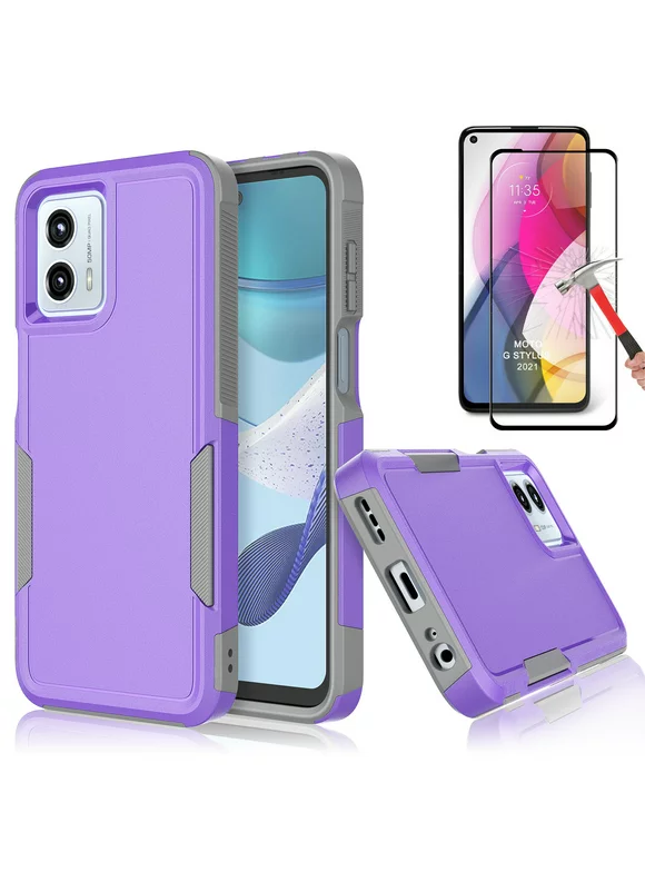 Njjex for Motorola Moto G 5G 2023 Phone Case,360 Full Body Shockproof Heavy Duty Protection With Tempered Glass Screen Protector Case Cover for Moto G 5G 2023 (Purple)