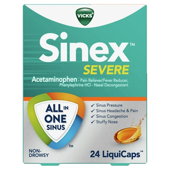 Vicks Sinex Severe LiquiCaps, All-in-One Sinus Relief, over-the-Counter Medicine, 24 Ct