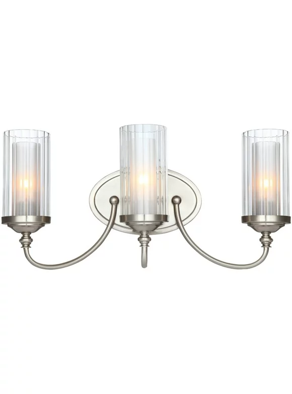 Hardware House Lexington 3-Light Wall and Vanity Fixture with Satin Nickel Finish and Double Glass Shades
