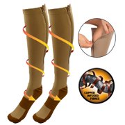 Copper Infused Zipper Compression Socks - Closed Toe Zip Up Circulation Pressure Stockings - Knee High For Support, Reduce Swelling & Better Circulation - Nude Regular