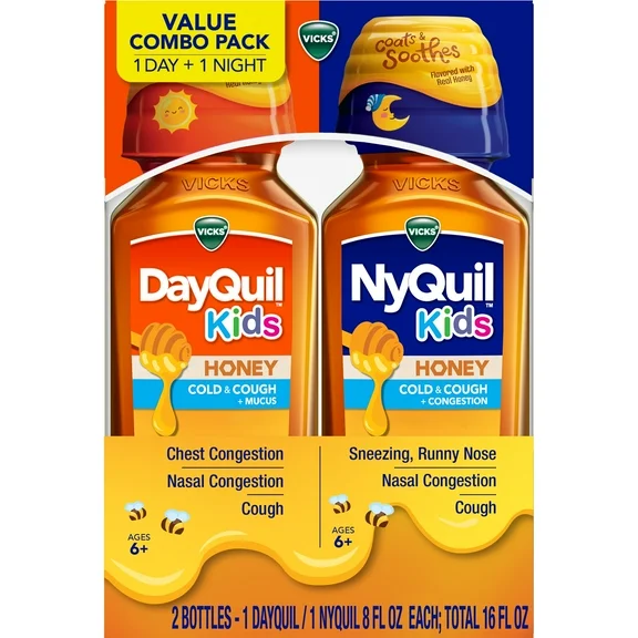 Vicks DayQuil Kids & NyQuil Kids Cold & Cough Relief, over-the-Counter Medicine, Honey, 2x12 fl oz