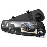 PYLE PLCMDVR49 - HD 1080p DVR Rearview Mirror Dash Cam Kit - Dual Camera Vehicle Video Recording System with Waterproof Backup Cam, 4.3 -inch Display