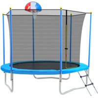 Suzicca 8FT Trampoline for Kids with Safety Enclosure Net, Basketball Hoop and Ladder, Easy Assembly Round Outdoor Recreational Trampoline