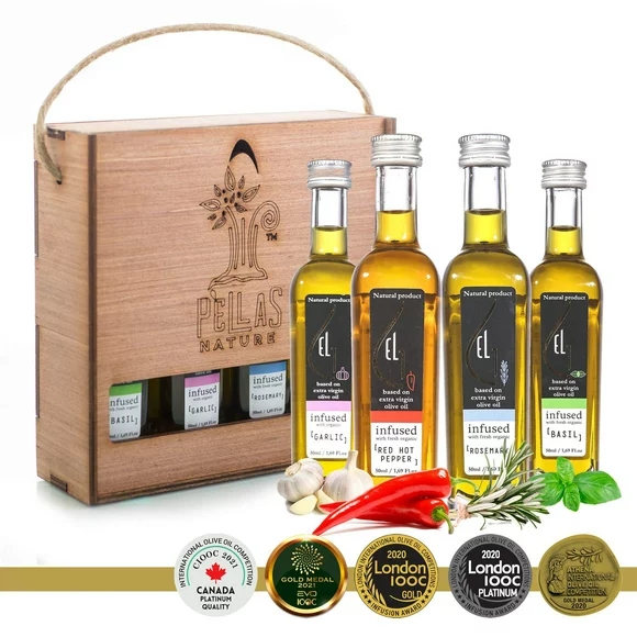 Pellas Nature, Global Award Winner, Fresh Organic Infused Olive Oil Set, Finishing Oil - Basil, Garlic, Rosemary, Red Pepper, Wooden Holiday Gift Set, Single Origin Greek, 4 X 1.7oz Bottles