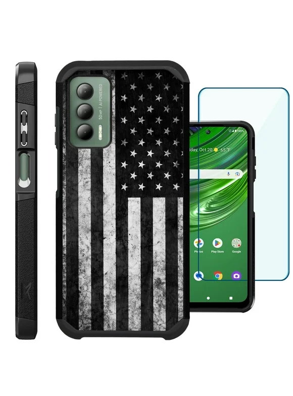Compatible with Cricket Outlast | AT&T Jetmore; Hybrid Fusion Guard Phone Case Cover + TEMPERED GLASS SCREEN PROTECTOR (Gray US Flag)