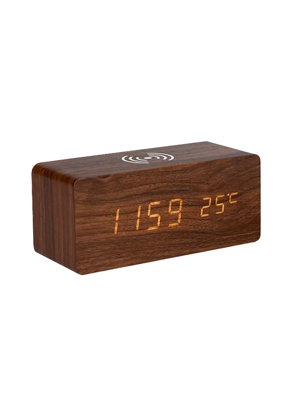 Digital Wooden Electronic Time Display for Bedroom 10W Wireless Charging 3 Settings Date&Temp Display, Brown