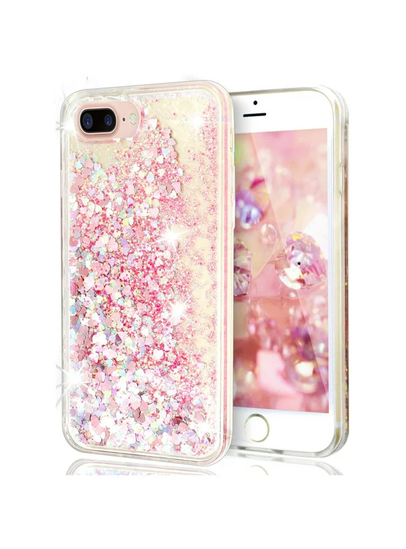 For iPhone 7 4.7" Pink Floating Hearts Liquid Waterfall Sparkle Glitter Quicksand Case