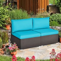 Gymax 2PCS Patio Wicker Rattan Sectional Armless Chair Sofa w/ Turquoise Cushion