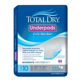 Underpad, TotalDry Quilted, 30" x 36", Adhesive Strips, Heavy Absorbency - Pack of 10