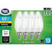 Great Value LED Light Bulb, 5.5 Watts (60W Equivalent) B10 Deco Lamp E12 Candelabra Base, Dimmable, Soft White, 4-Pack