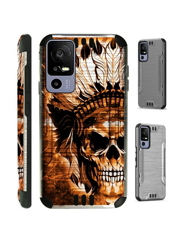 Compatible with TCL 40 XE 5G | TCL 40 NXTPAPER 5G | TCL 40 R 5G; Brushed Metal Texture Hybrid Silver Guard Phone Case Cover (Orange Skull Chief)