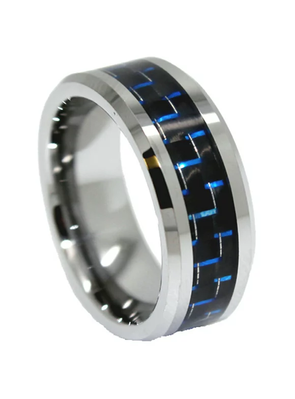Tungsten Wedding Band Ring 8mm Men's Engagement Silver with Blue and Black Carbon Fiber Inlay