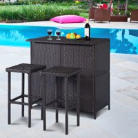 Costway 3-Piece Wicker Outdoor Patio Bar Set with Table & 2 Stools, Brown