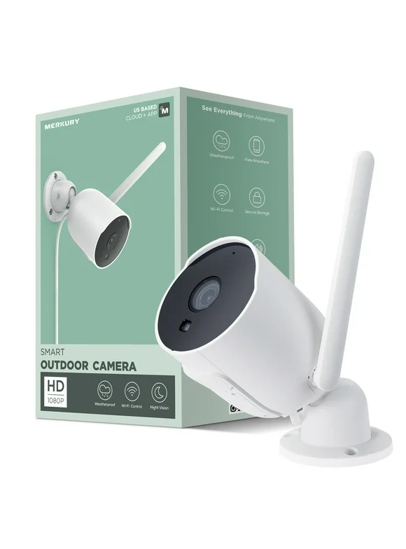 Merkury Smart 1080P Smart Outdoor Security Camera - Weatherproof, Night Vision, White, Wi-Fi