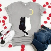 Adult's Valentine's Day Round Neck Cat Print T-shirt