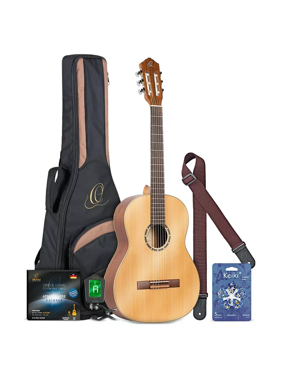Ortega R122SN Full-Size Classical Guitar (Natural) Cedar Top, Mahogany Neck, Satin Finish, with Bag, Strings, Capo, Picks, and Essential Accessories