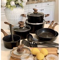 MF Studio 15 piece Induction Kitchen Cookware Sets Nonstick - Granite Hammered Pan Set, Dishwasher Safe Cooking Pots and Pans Set(Black)