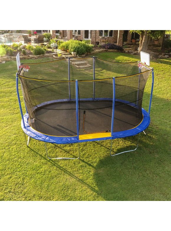 JumpKing Oval 10' x 15' Trampoline, with Basketball Hoop, Blue/Yellow