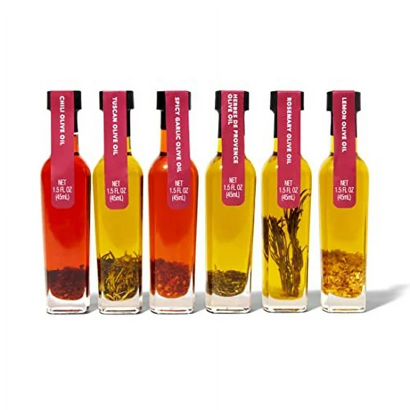 Thoughtfully Gourmet, Spice Infused  Olive Oil Gift Set,  Premium Extra-Virgin Olive Oil  from Spain, Flavors Include  Chili, Rosemary, Lemon, Spicy  Garlic, Herbes de Provence  and Tuscan, Set of  6
