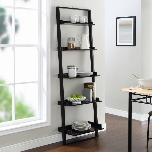 Shelf Leaning Ladder Bookcase Espresso, Mainstays 70 5 Shelf Leaning Ladder Bookcase Espresso
