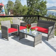 Costway 4PCS Patio Rattan Furniture Set Conversation Glass Table Top Cushioned TurquoiseRed