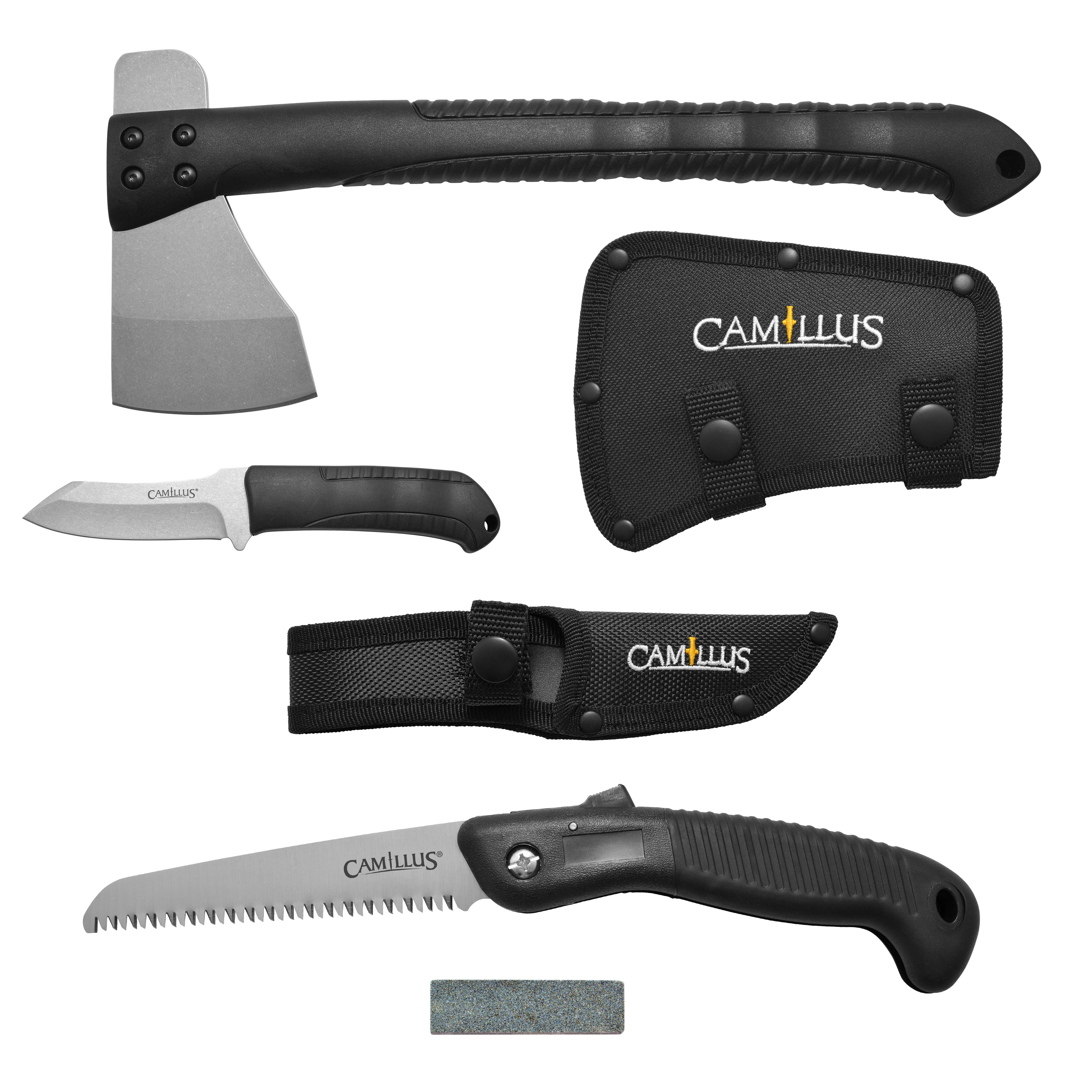Camillus Multi-Tool Camp Pack, 4-Tools, 13" Hatchet and Sheath, 7" Fixed Bladed Tactical Knife and Sheath, 12" Lockback Folding Saw, Sharpener, for Hiking and Camping, Black